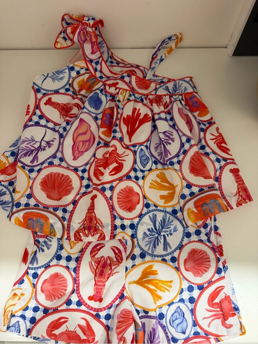 Janie and Jack White Ruffled Nautical Print Top with Coral Trim